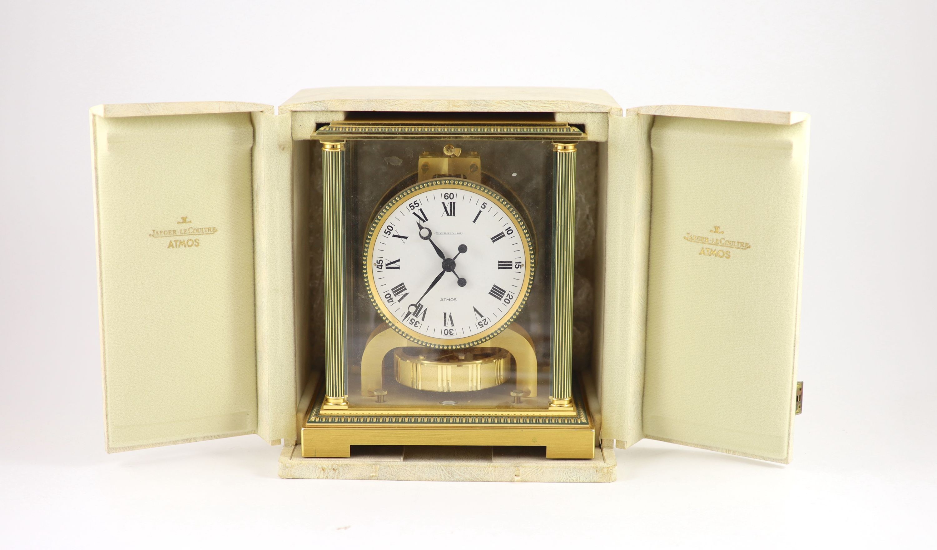 A Jaeger le Coultre gilt brass Atmos clock, clock width 21cm depth 16cm height 24cm